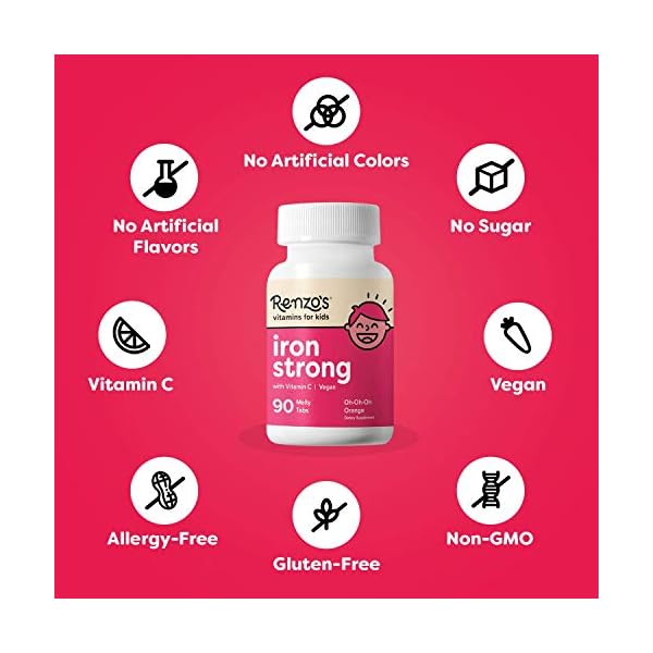 Renzos-Iron-Supplements-for-Kids-Dissolvable-Vegan-Iron-Supplement-for-Children-Sugar-Free-Iron-Supplements-for-Anemia-Oh-Oh-Oh-Orange-Flavor-90-Melty-Tabs Renzo's Iron Supplements Dissolvable Vegan for Kids Children, Sugar Free for Anemia, Oh-Oh-Oh Orange Flavor, 90 Melty Tabs