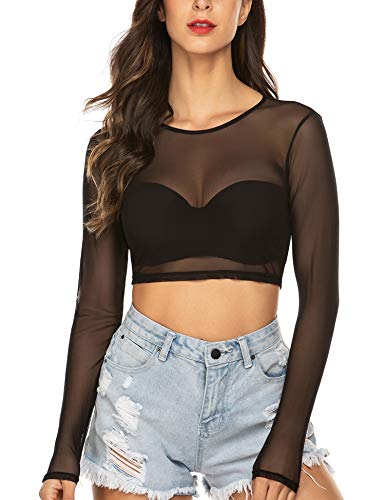 ADOME Women's Crop Mesh Tops for Women Long Sleeve Mesh Crop Top Black XXL