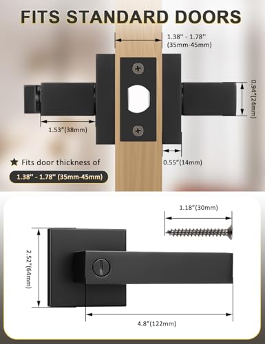 Image of Tinewa 3 Pack Square Privacy Door Levers Locksets in Matte Black Finish, Bed /Bath Door Levers Keyless Interior Handles,Reversible for Left Right Handed Doors