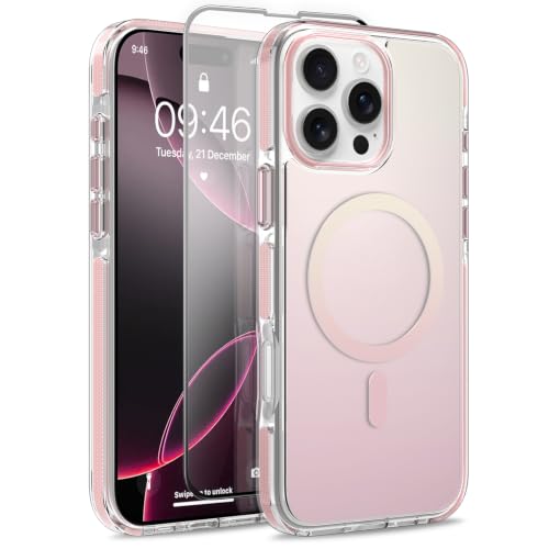 Image of Magnetic Case for iPhone 16 Pro Max [Compatible with Magsafe] [Anti-Yellowing] [1 Screen Protector] Slim Clear Iridescent Case for iPhone 16 Pro Max 6.9 inch 2024, Pink
