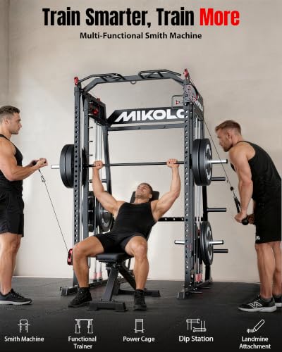 Image of Mikolo M4 2.0 Smith Machine, 2200lbs Squat Rack with LAT-Pull Down System & Cable Crossover Machine, Training Equipment with Leg Hold-Down Attachment
