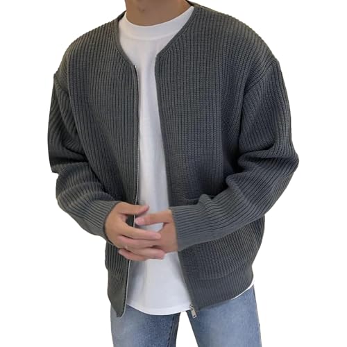 Men's Knit Full Zip Up Casual Sweater Solid Regular Fall Winter Sweaters Loose Fit Cardigan Classic Sweater (Grey,X-Large)
