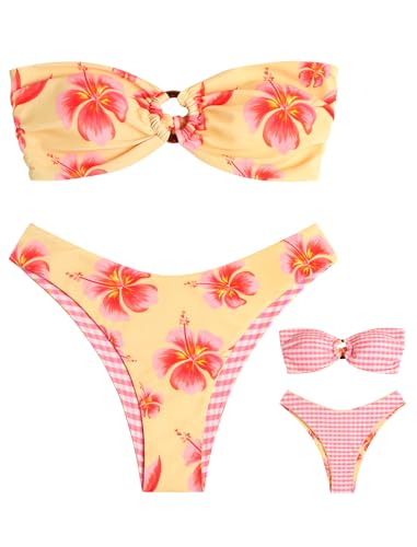 Image of ZAFUL Women's Bandeau Bikini O Ring Strapless Tie Back High Cut Two Piece Swimsuit Bathing Suits