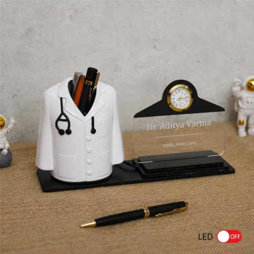 Image of Deskart Customized Gift Pen Stand with LED Name Plate & Clock | Doctor Coat Apron Shape Pen Holder with Warm LED Acrylic Name Plate & Adapter