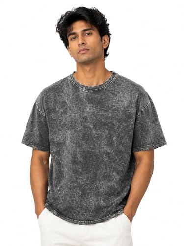 Image of 240 GSM Acid wash Oversized Tshirt Men Drop Shoulder Half Sleeves Round Neck Solid Pure 100% Cotton T-Shirts for Men