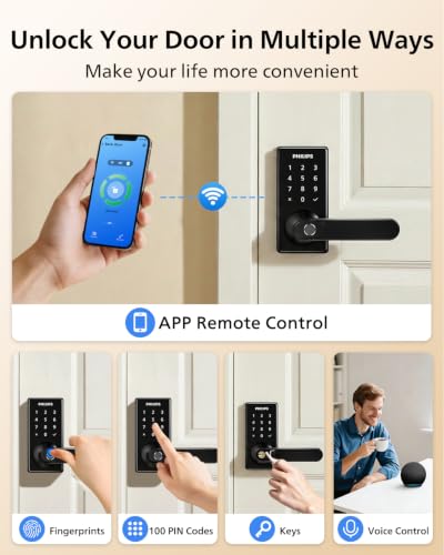 Philips Upgraded Wi-Fi Smart Lock with Handle, Keyless Entry Door Lock, Smart Door Knob, Fingerprint Unlock, App Remote Control, Auto-Lock, Keypad Deadbolt with Lever for Bedrooms, Office, Front Door - image 3