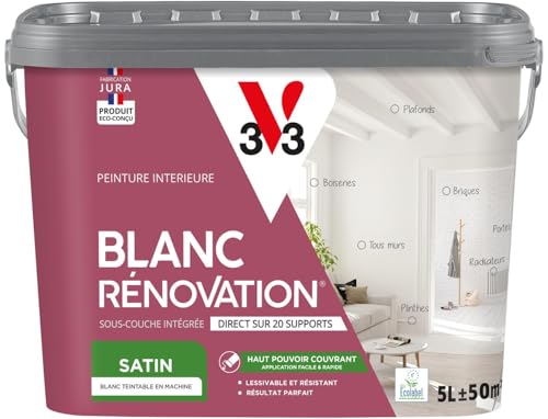 V33 Peinture blanche mur et plafond satinée - multi-supports - monocouche - BLANC RENOVATION®, 5L
