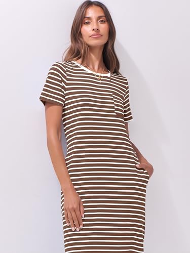Image of ANRABESS Womens Midi Dress,Summer Long Tshirts Dresses,Short Sleeve Split Stripe,Comfy Travel Beach Vacation Casual Wear