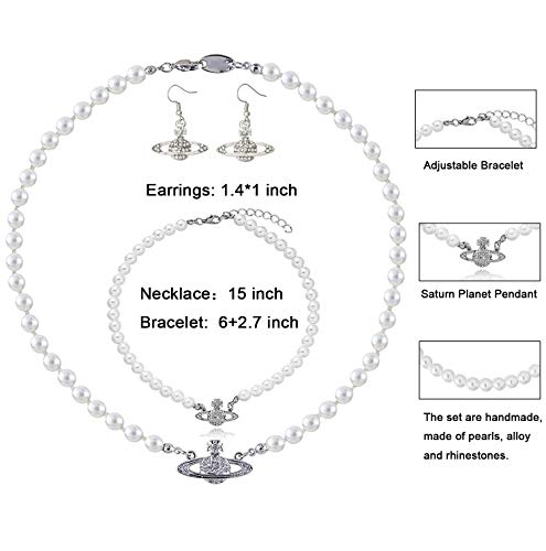 CASDAN 3Pcs Saturn White Faux Pearl Necklace Bracelet Earrings Set Crystal Bead Rhinestone Little Saturn Necklace Bracelet Earrings for Women Choker Jewelry Set Silver-Tone