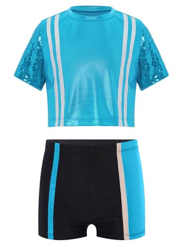 Kids Girls Color Block Dance Set Shiny Sequin Short Sleeve Crop Top & Shorts for Jazz Performance