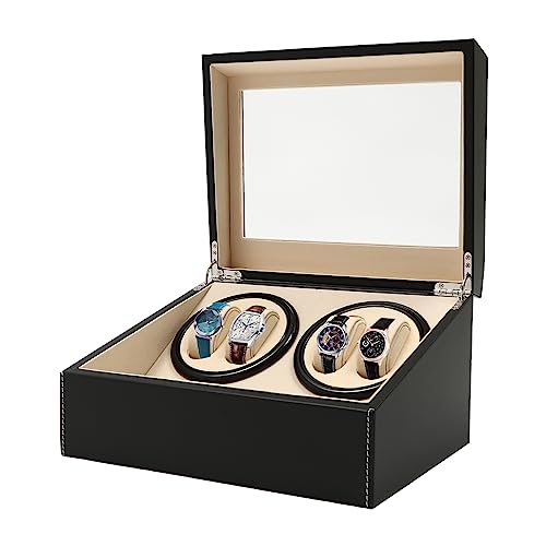 Queeucaer Caja giratoria automática para relojes de 4 + 6 rotaciones automáticas, piel y madera, color negro