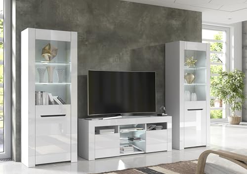 Furneo MilanoW – High Gloss & Matt White Living Room Set, TV Stand & Display Cabinets, White LED Lights