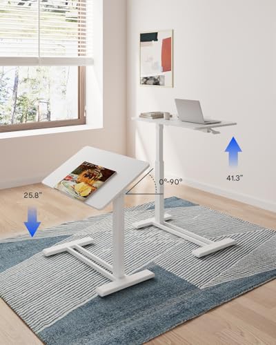 Image of FLEXISPOT H7 PRO Mobile Standing Desk Adjustable Overbed Table Pneumatic with Wheels 90Tiltable Portable Laptop Desk Rolling Computer Cart Foldable Bedside Table(31.5 inch W x 17.7 inch D, White)