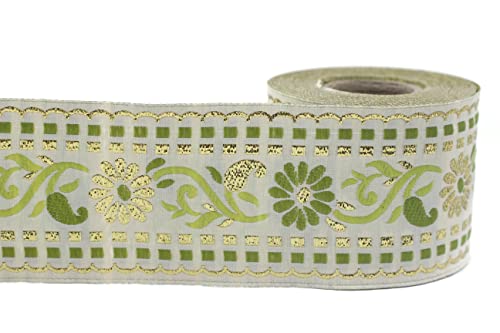 Ruban jacquard vert-blanc floral 50mm x 10m de ruban de tissu pour artisanat