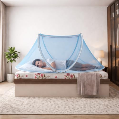 Image of Divayanshi Foldable Mosquito Net for Single Bed (3 * 6.5 ft) | Pop-Up Bed Tent with Zipper | Lightweight Polyester Mesh | Easy Folding & Washable | Insect & Mosquito Protection for Bedroom-Blue