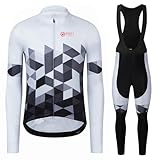 GCRFL Winter Cycling Jersey Sets Thermal Fleece Bike Jersey + Bib Pants, Long Sleeve Cycling Clothing Sets for Man (White Grey, 2XL)