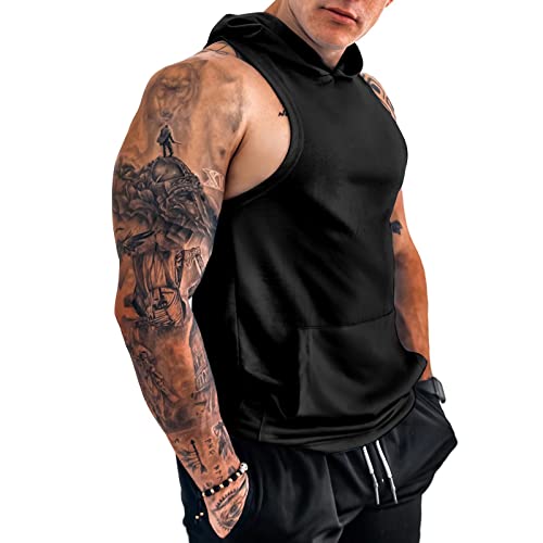 Men's Workout Hooded Tank Tops Gym Sleeveless Hoodies Dry Fit Bodybuilding Muscle Cut Off T-Shirt Athletic Vest With Pocket(Bk L) Black #TOP20