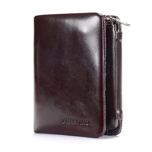 Men's Buckle zipper genuine leather wallet, large capacity 13card slots, Driver's license, multifunctional coin pocket (Oil waxy brown)