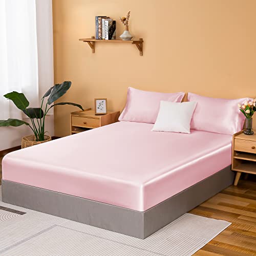 NSGZ Satin Fitted Sheet Only Full Silky Bottom Sheets Pink