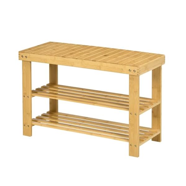 HOMCOM Schuhbank, Schuhregal mit 3 Etagen, Sitzbank aus Bambus, Garderobenbank für 6 Paar Schuhe, Schuhaufbewahrung für Flur, Diele, Natur, 70 x 28 x 45 cm