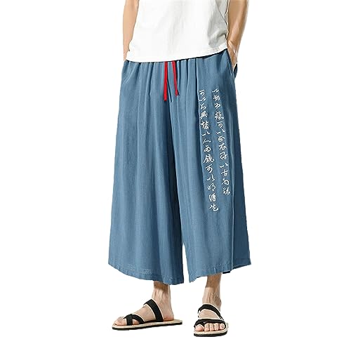 Xingfenly Chinese Calligraphy Embroidered Men' Wide-Legged Pants Summer Cotton Linen Straight-Legged Retro Casual