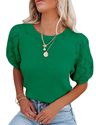 Image of Womens Short Sleeve Sweaters Crewneck Knit Pullover Tops 2025 Summer Casual Lightweight Crochet Blouse Shirt