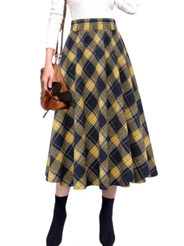 IDEALSANXUN Yellow Plaid Skirt for Women 2022 Fall Winter Clothes High Waisted Long Midi Skirt(Yellow New, XS)