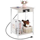 ETELI Small Side Table with Charging Station White Storage End Table with Basket Rustic Metal Nights