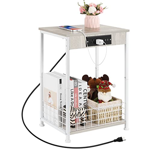 Eteli Small Side Table With Charging Station White Storage End Table With Basket Rustic Metal Nightstand Couch Sofa Side Table For Living Room Bedroom Office #TOP23