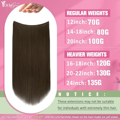 Image of YoungSee Wire Hair Extensions Real Human Hair Brown Wire Extensions Real Human Hair Brown Straight Human Hair Fish Line Extension Easy to Apply and Remove 18 Inch 80g