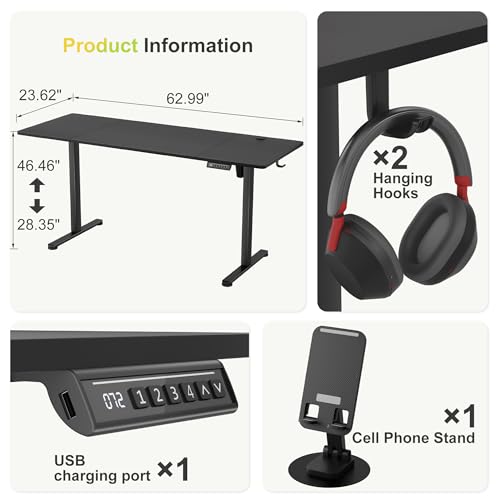 Image of Furmax 63 Inches Electric Standing Desk, Home Office Desk with Phone Holder