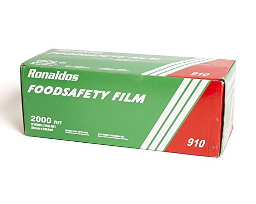 Ronaldos Food Safety Film, 12 inches x 2000ft Plastic Wrap, Commercial Grade, Used for Food Service Industry, Great for Sealing and Storage, Easy to Use Slide Cutter for Clean Cut Use (1 Box)