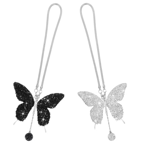 GALPADA 2pcs Butterfly Hanging Decor Bling Car Accessories for Women Elegant Stainless Steel Polymer Clay Ornaments Compact for Car Mirror Home Office Stylish Girls