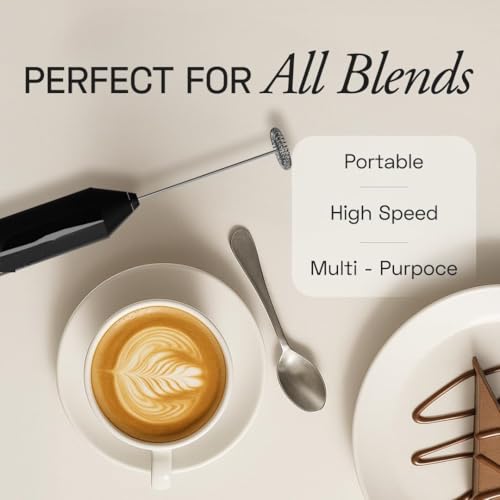 Image of DERIKO Powerful Milk Frother for Coffee, Battery Operated Electric Foam Maker with Stainless Steel Whisk, Handheld Drink Mixer with Stand for Cappuccino, Latte, Hot Chocolate (Black)