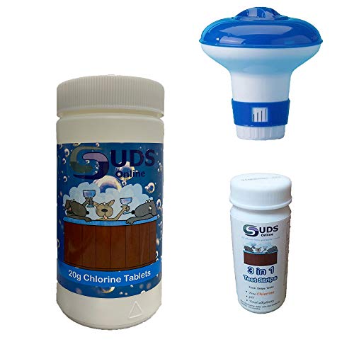 SUDS-ONLINE 50 Chlorine Tablets 20g + Test Strips + Floating Dispenser