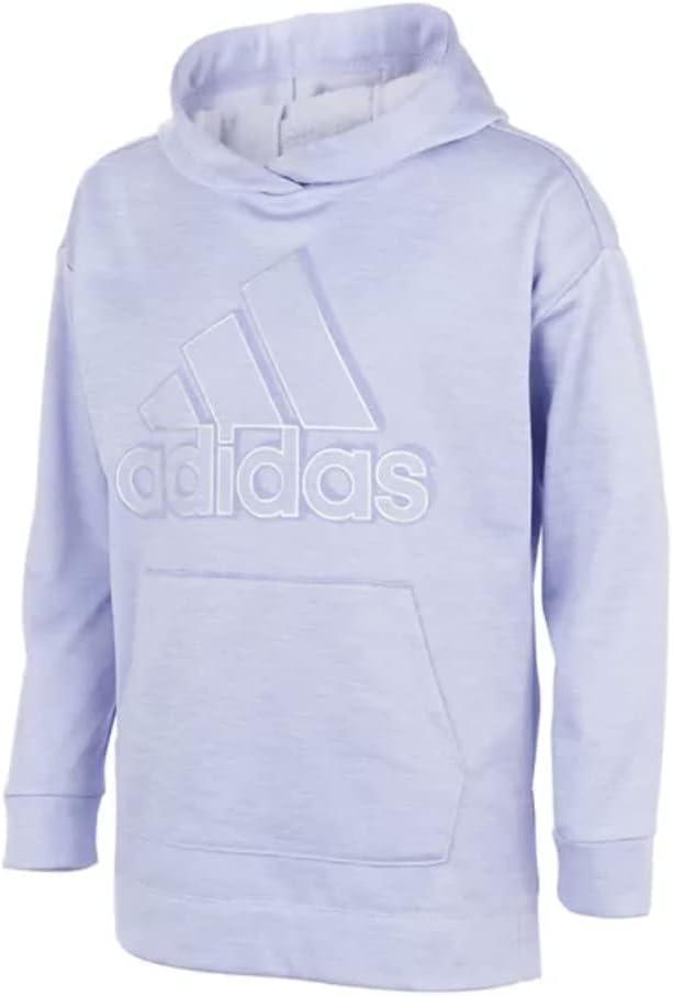 Adidas Little Girl’s Violet Purple Heather Pullover Badge of Sport Melange Hoodie, Silver Iridescent Metallic 3D Adidas Logo, Cozy Fleece Lined, Kangaroo Style Pouch, Style AA4903CHI/Color 536, Size 4