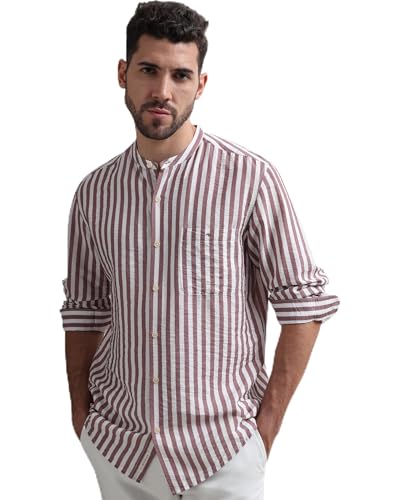 Image of MUFTI Men Shirt | Slim Fit Mandarin Collar Vertical Striped Design | Premium Viscose Nylon Blend & Crinkled Texture for Smart Casual & Weekend Wear
