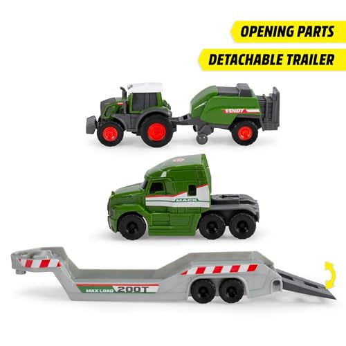 Dickie Toys - Bauernhof-Fahrzeuge Fendt Micro Farm Truck (32 cm) - 3er-Set Spielzeugautos (LKW mit Anh&auml;nger, Traktor und Ballenpresse), Spielzeug f&uuml;r Kinder ab 3 Jahre