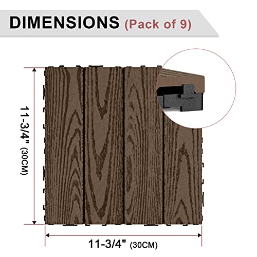 Vancastle 9Pcs Wood Plastic Composite Interlocking Deck Tiles 12"X12", Patio Flooring Outdoor Waterproof All Weather Use, Wood Flooring For Patio Garden Poolside Front/Back Yard, Dark Brown #TOP5