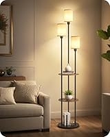 GOEBLESON Floor Lamp with Shelves, Industrial Floor Lamp with 3 Linen Shades and Foot Switch, 3-Light Standing Lamp, for Living Room, Bedroom, Study, Rustic Brown and Beige ZEF53LDK05