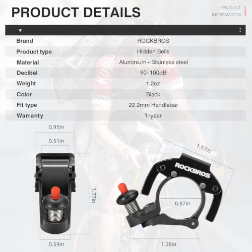 Image of ROCKBROS Bike Bells Hidden MTB Bells Bicycle Bells for 22.2mm Handlebars, More Than 100dB, Clear & Long Sound Ringer, Mountain Bike, Scooter, Youth Bike, Black | Three Colors Bicycle Bells to Match Clear & Long Sound Ringer, Mountain Bike, Scooter, Youth Bike for Adults and Kids