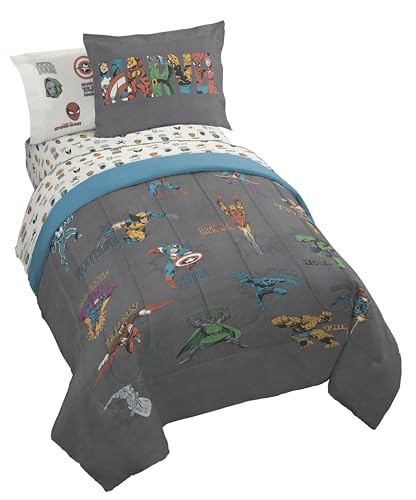Image of Marvel Comics Avengers Full Size Comforter Set 7 Piece Bedding, Gray | Hulk Captain America, Comforter Sheets Shams Pillowcases, Official Product, Microfiber, Machine Washable, Boys Gift