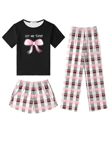 Arshiner Girls Pajama Set 3 Piece Short Sleeve Sleepwear Summer Soft Cute Pjs Outfits