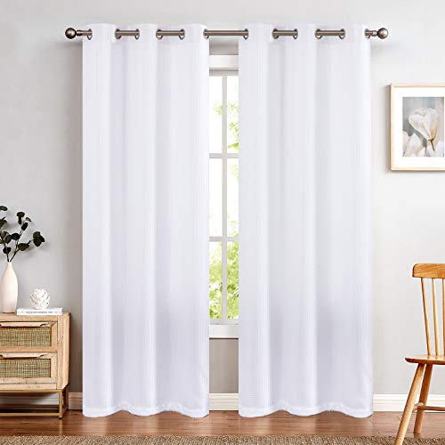 Vangao White Waffle Curtains 84 Inch Long For Living Room Bedroom Plaid Weave Textured Grommet Top Privacy Window Drapes 2 Panels #TOP1