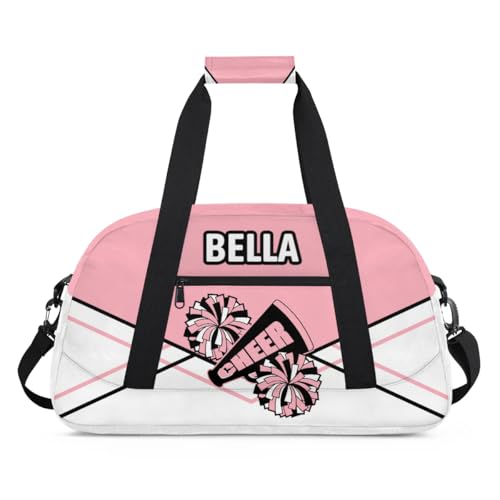 Custom Name Cheerleader Gym Bag for Kids Girls,Personalized Dance Sport Duffel Gymnastics Bag Travel Weekender Outdoor Tote Carry-On Bag,Light Pink and White