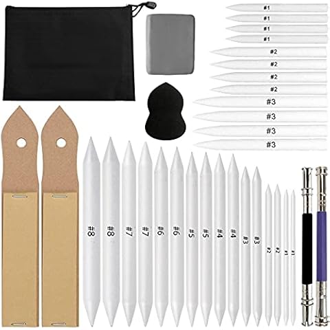 Acmerota 35 pcs Blending Stumps and Tortillions Set Art Blenders with Sketch Sandpaper Pencil Sharpener Pointer, Pencil Extension Tool, Drawing Kneaded Eraser Sponge Sketch for Student Sketch Cover