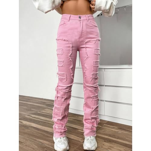 Women Ripped Stacked Jeans Distressed Straight Leg Denim Pants2