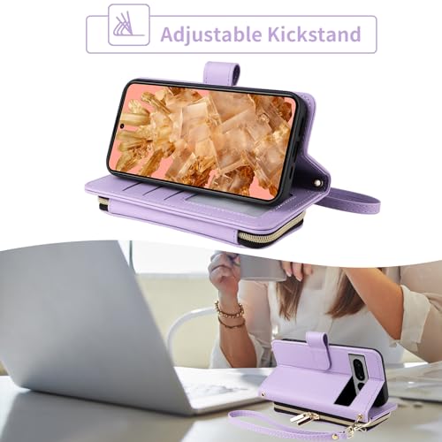 ELISORLI Wallet Case for Google Pixel 8 5G with Detachable Wrist Strap Crossbody Shoulder Strap 9+ Card Slots, Zipper Purse Luxury PU Leather Stand Cell Phone Cover for Pixel8 Pixle Eight Women Purple by ELISORLI - Used condition - Image 3