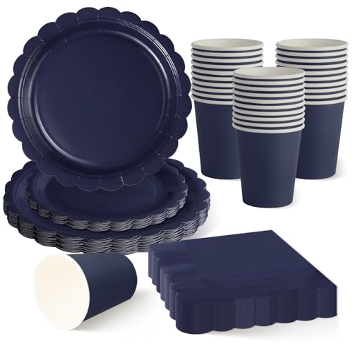 ZblPyro Set Stoviglie per Feste Blu Marino (30 Ospiti), con Piatto di carta ondulato 23cm e 18cm, Bicchieri di carta, Tovaglioli, Per Eventi Aziendali e Feste Uomini