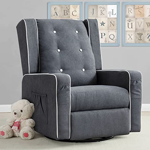Image of VUYUYU Upholstered Glider Chair for Nursery, Swivel Rocking Recliner Chairs Manual Reclining Chair with Cup Holders/Side Pockets (Grey)
